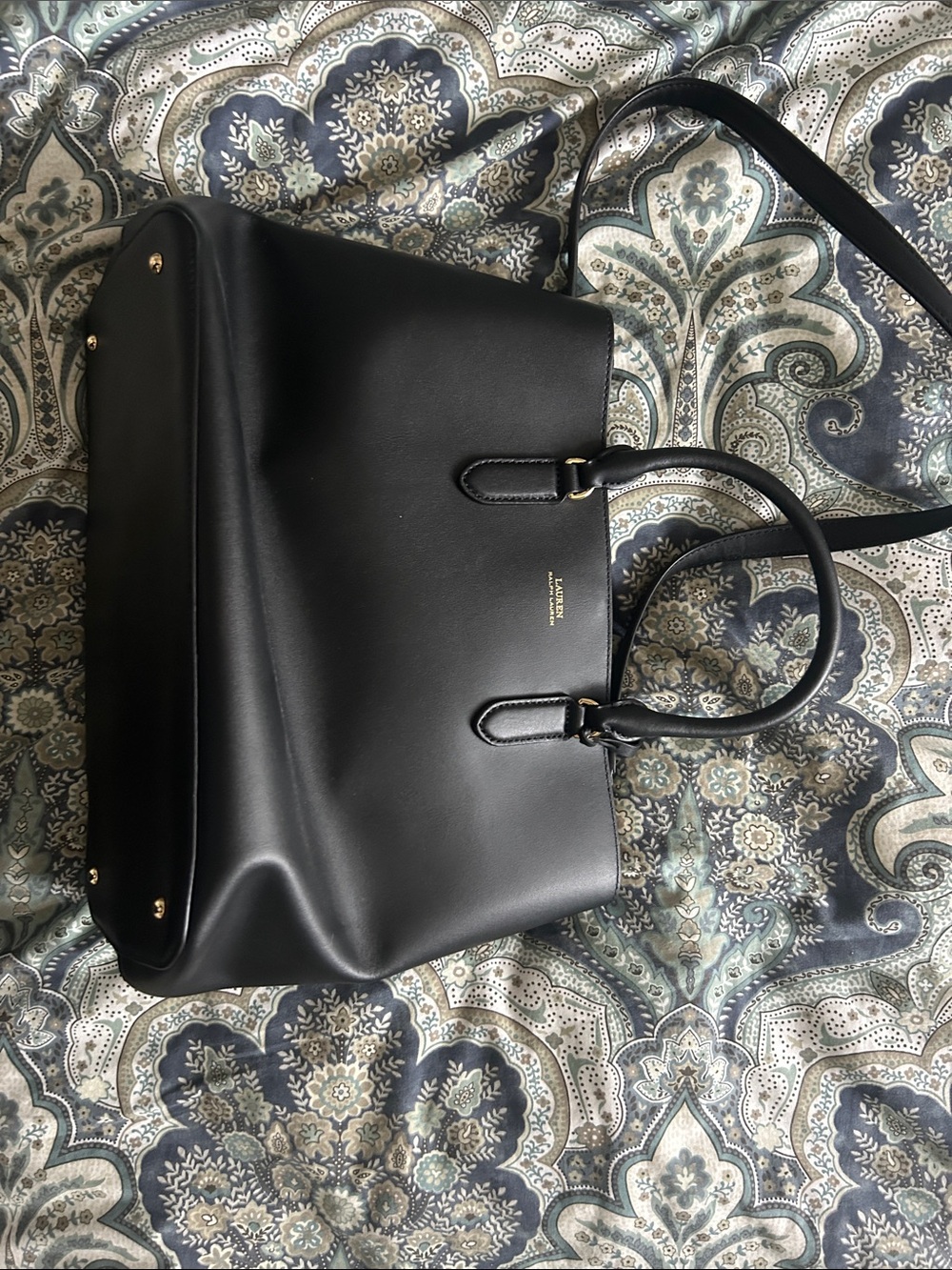 Lauren Ralph Lauren Black Leather Satchel with Gold Hardware